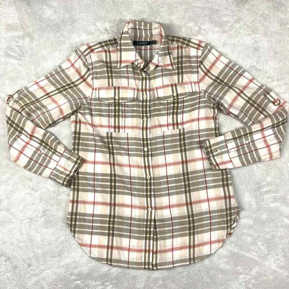 Lauren Ralph Lauren Plaid Button-Front Shirt Cream Pockets Roll Tab Sleeve SP